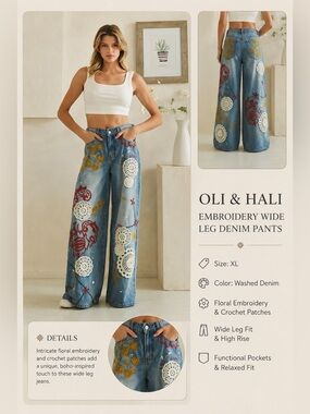Oli & Hali Washed Denim Wide Leg Pants with Floral Embroidery